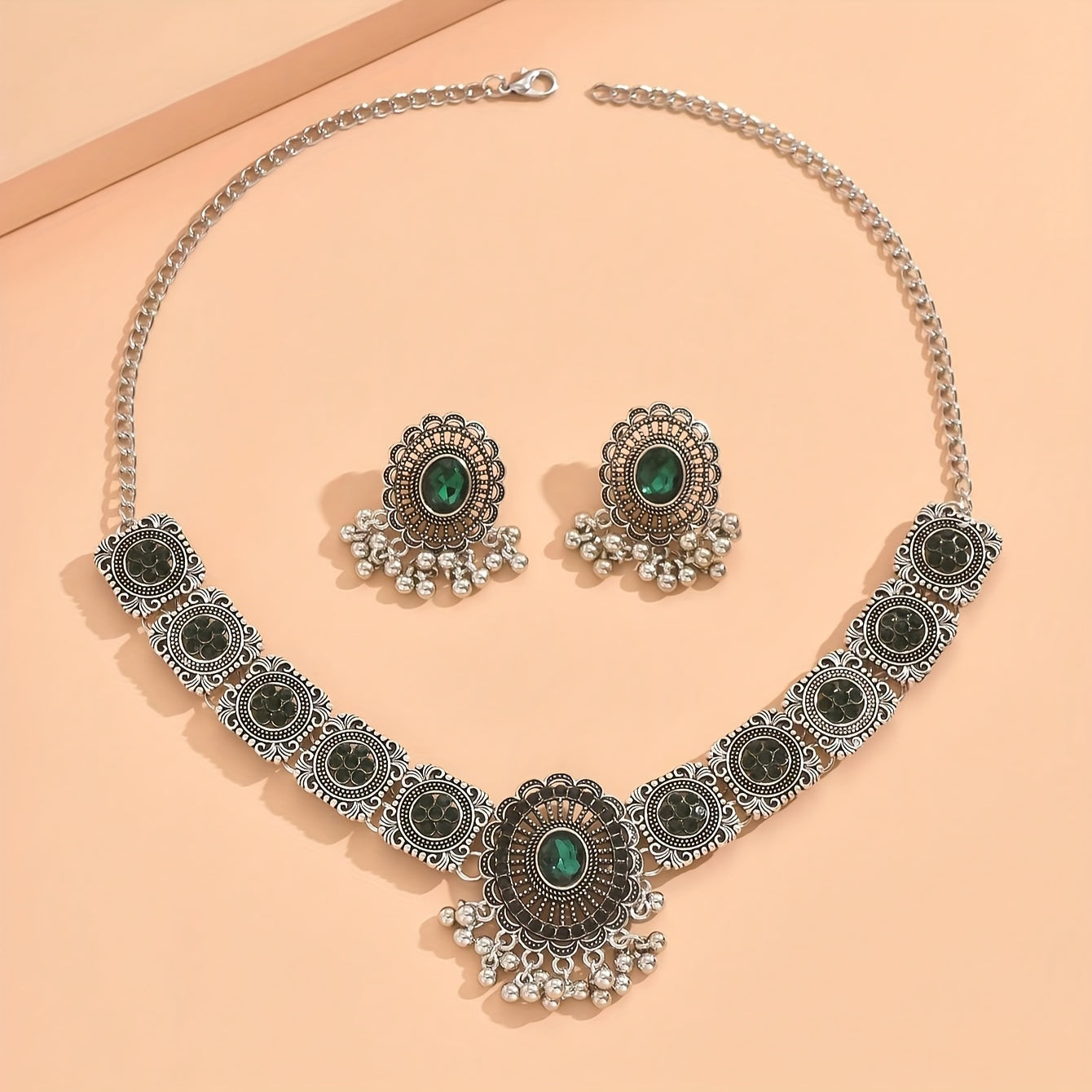 1 Necklace + 1 Pair of Earrings, Indian Bohemian Style Luxury Fringe Heavywork Women's Necklace and Earrings Set
