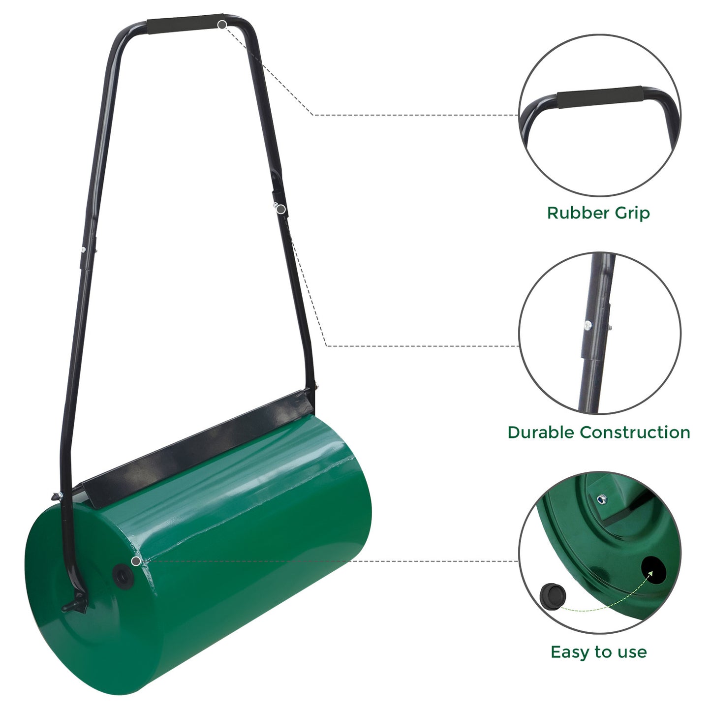 Heavy Duty Garden Grass Lawn Roller - Large Water or Sand Filled Drum, Galvanized Steel Construction, Scraper Bar & Collapsible Handle for Levelling Uneven Ground - Green