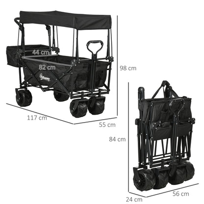 Folding Trolley Cart Storage Wagon Beach Trailer 4 Wheels with Handle Overhead Canopy Cart Push Pull For Shopping Camping, Spacious Design With Side Outer Pocket, Telescopic Pull Handle, Cup Holder, Steel Frame With 360° Rotating Wheels