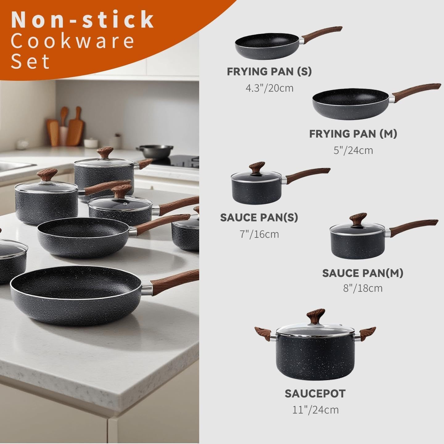 Marble Grey 8pcs Non Stick Cookware Set Cooking Pot Frying Pan Saucepan With Lids