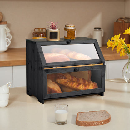 Double Layer Bamboo Bread Box Bread Bin with Transparent Window, Suitable for Kitchen and Dining Room, Pantry Organization Keeps Bread, Fruits, Snacks Fresh, Natural/Black