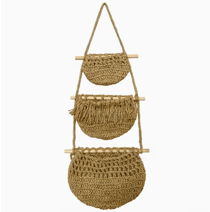 Boho Chic 3-Tier Wall Hanging Storage Basket - Handwoven Rope Organizer for Fruits, Vegetables & More - Easy Install, Versatile Home Decor, Storage Basket