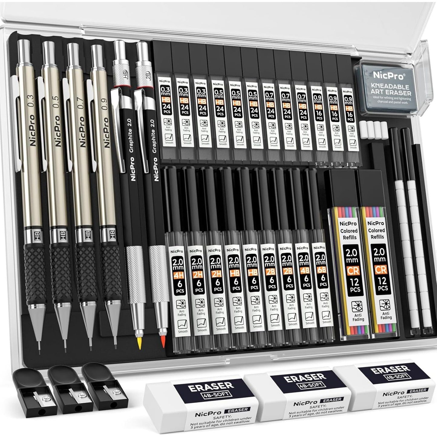 37pcs Art Mechanical Pencil Set, 4pcs Metal Drafting Pencil 0.3mm & 0.5 mm & 0.7 mm & 0.9 mm & 2pcs 2mm Lead Holder (6B 4B 2B HB 2H 4H) For Sketching Drawing With 20 Tube Lead Refills Case