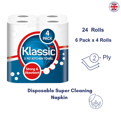 24 Kitchen Towel Rolls, Premium 2-Ply Super Absorbent Paper Towels, Strong Multipurpose Cleaning Rolls, Bulk Value Pack (6 Packs x 4 Rolls) for Home & Kitchen