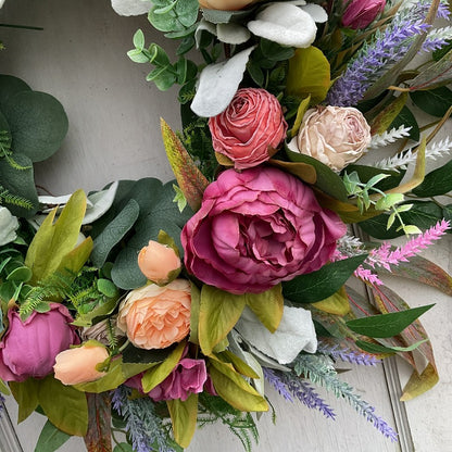 Luxurious Artificial Peony Rose Garland Wreath with Foliage - Blooming Peonies & Roses Suitable for Farmhouse, Wedding, Front Door Hanging, Spring Summer Decor, Plastic Flower Vine for Home Office Decoration