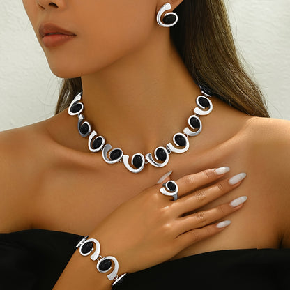 4pcs/Set Silvery Women'S Fashionable Easy Necklace Earrings Bracelet Ring Set Geometric Oval Black Acrylic Inlaid Spiral Stitching Beaded Pendant Necklace Bracelet Earrings Ring Boho Spiral Design Jewelry Set
