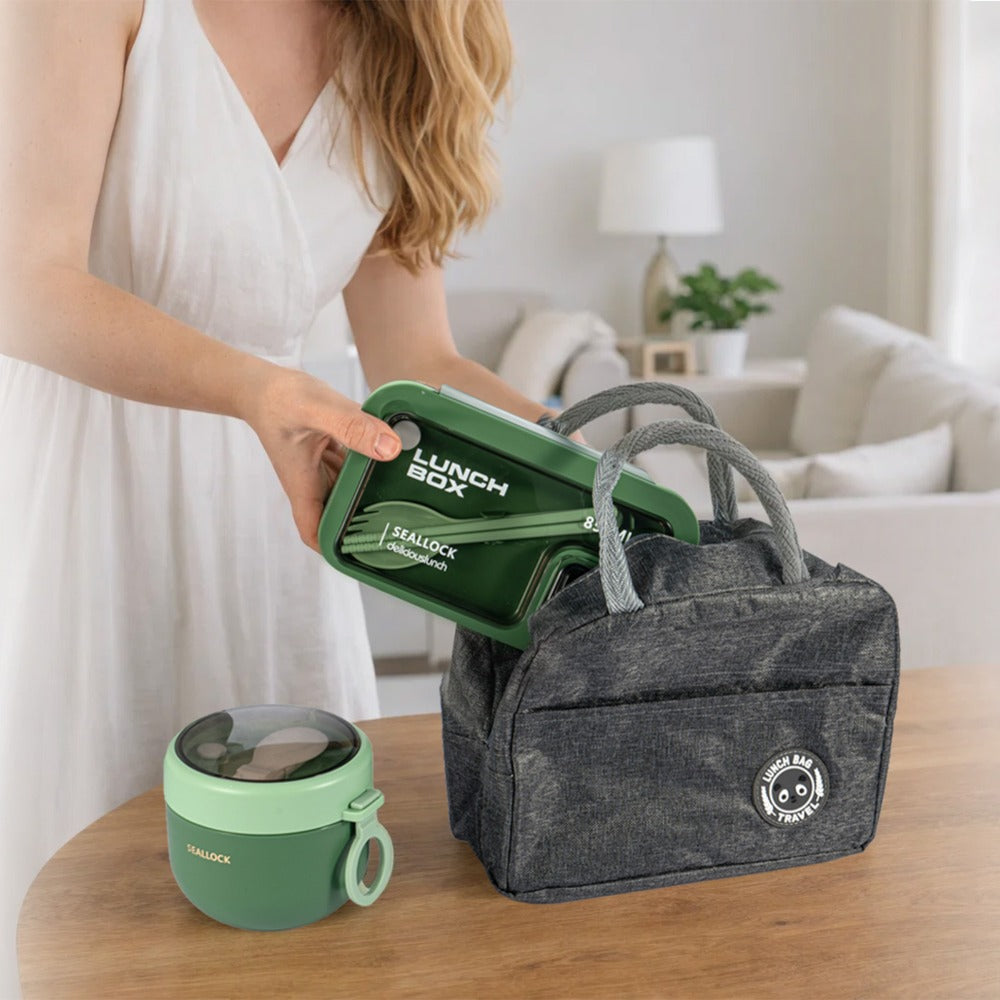Bento box lunch set, leak proof meal preparation container, with insulated lunch bag and utensils, portable school office picnic travel lunch box
