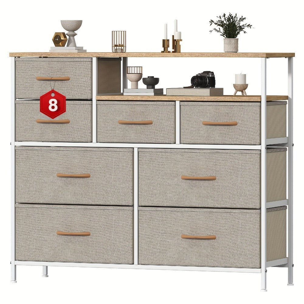 8 Drawer Chest of Drawers with Fabric Fronts & Wooden Top – Large Storage Dresser Organiser Unit for Bedroom & Living Room