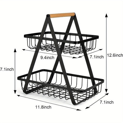 Fruit Basket 2 Tier Detachable Metal Bowl with Wooden Handle Powder Coated Black Kitchen Counter Storage for Fruit Vegetables Bread Snacks Office Organiser Rack