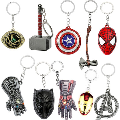 Marvel Avengers 10pcs/Zinc Alloy Metal Pendant Keychain Set/Iron for Man Gauntlet, Thor Hammer, Captain America Shield, Spider-for Man Mask Key Ring/Creative Movie Fans Gift Accessories