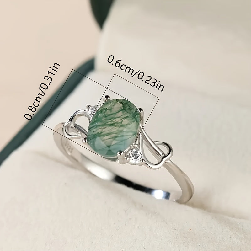 Pure Silver Elegant Niche S925 Natural Moss Agate Round Infinity Engagement Wedding 1.9G Ring (Ring Box Is a Photography Prop) Note: Moss Agate Is a Natural Stone, Each Pattern Is Slightly Different