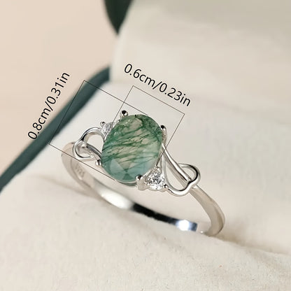 Pure Silver Elegant Niche S925 Natural Moss Agate Round Infinity Engagement Wedding 1.9G Ring (Ring Box Is a Photography Prop) Note: Moss Agate Is a Natural Stone, Each Pattern Is Slightly Different
