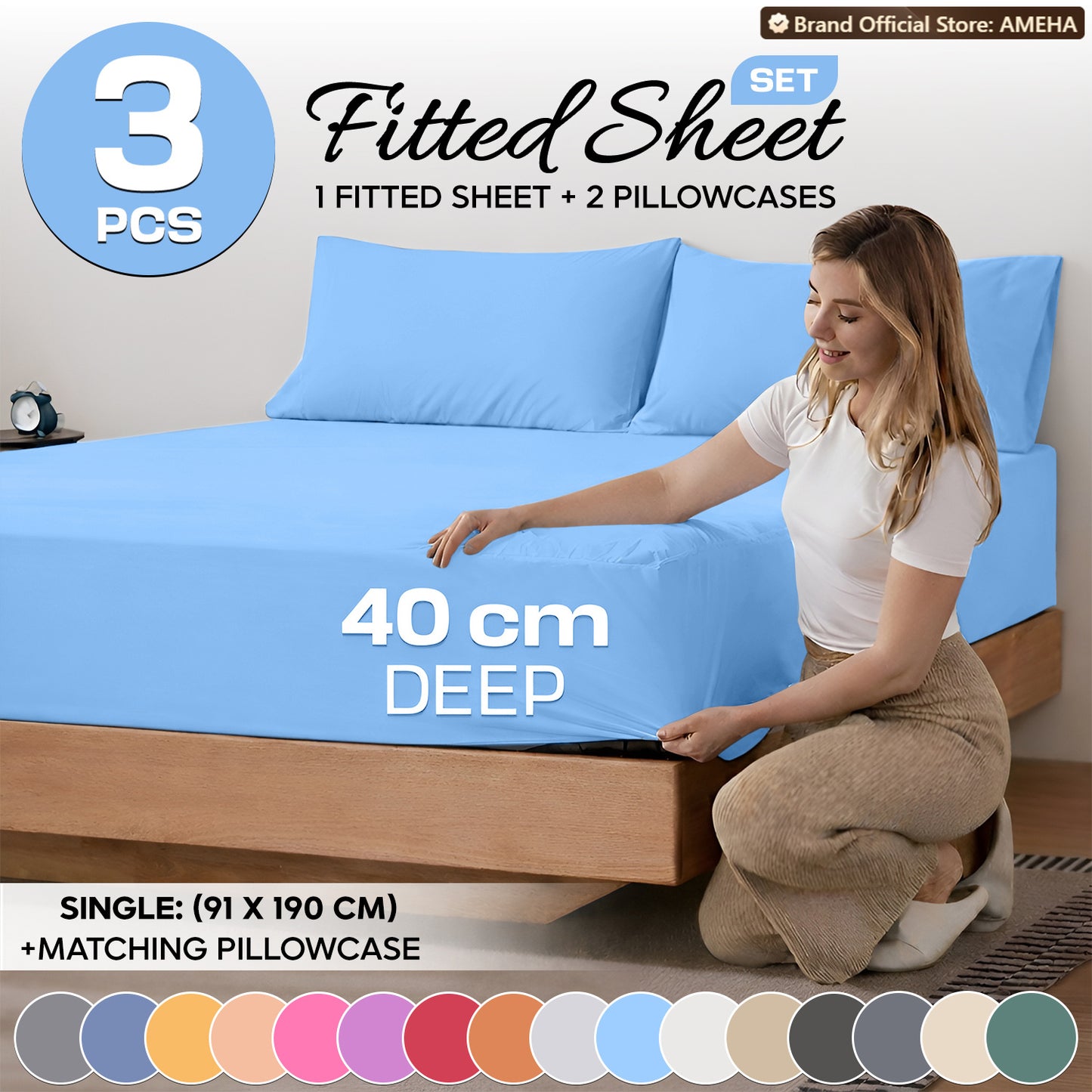 3pcs 40cm Extra Deep Fitted Sheet – Solid Color Soft & Comfortable Bed Sheet with 2pcs Matching Pillowcases, Breathable Fabric Soft Brushed Microfiber Bedding, Machine Washable for Home Bedroom, Hotel