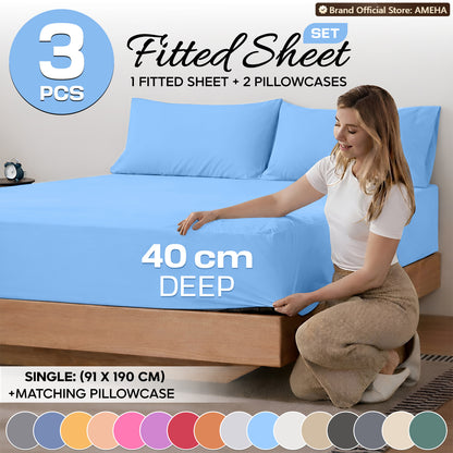 3pcs 40cm Extra Deep Fitted Sheet – Solid Color Soft & Comfortable Bed Sheet with 2pcs Matching Pillowcases, Breathable Fabric Soft Brushed Microfiber Bedding, Machine Washable for Home Bedroom, Hotel