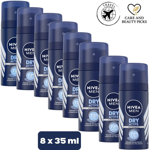 Nivea Men Deodorant Spray 8 x 35ml Travel Multipack – Long-Lasting Odour & Sweat Protection, Dermatologist Tested Body Spray for Men, Cool Kick or Dry Active