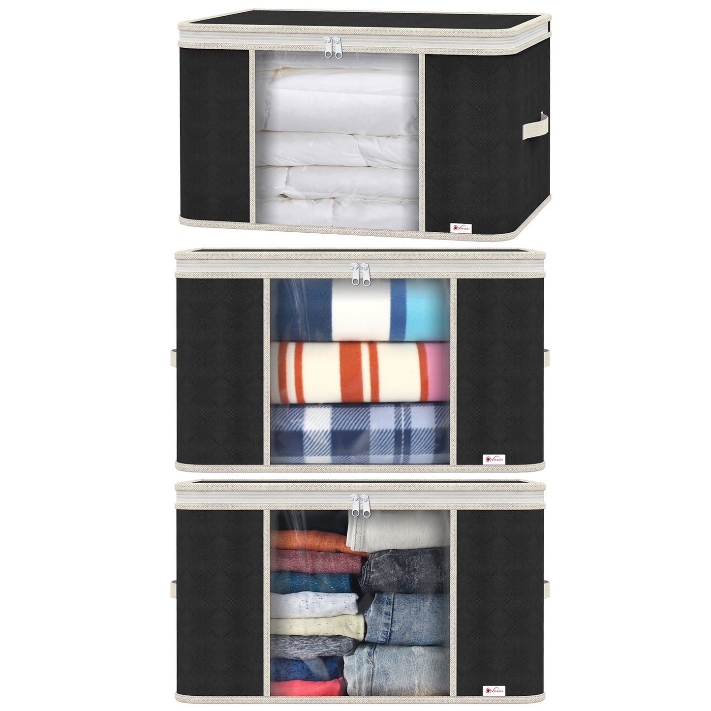 Vinsani 3pcs Deluxe Clothes Storage Bags Organizer Large Capacity Double Zipper, Moisture-Proof Big Clear Windows Perfect Space for Clothes, Beddings, Blankets and Duvet