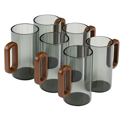 6pcs Glass Water Cups with Wooden Handle, 360mL Smoky Blue Drinking Glasses for Tea, Coffee & Cold Beverages, Modern Household Living Room Cups