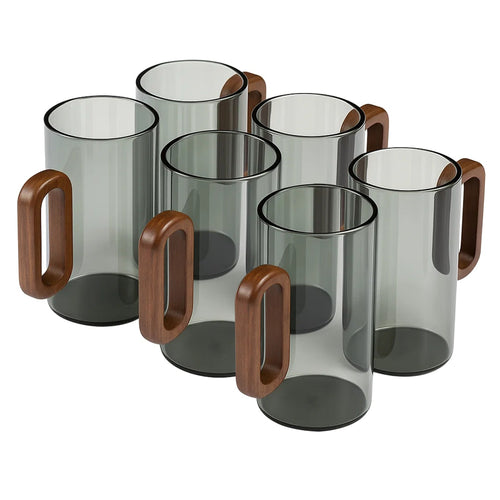 6pcs Glass Water Cups with Wooden Handle, 360mL Smoky Blue Drinking Glasses for Tea, Coffee & Cold Beverages, Modern Household Living Room Cups