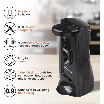 Schallen Electric Can Opener Automatic 3-in-1 Kitchen Appliance with Hands-Free Can Opening, Built-In Bottle Opener & Knife Sharpener | Electric Tin Opener for Easy Opening Cans, Jars, and Bottles | Hidden Power Cord Storage | Stainless Steel Durable Kitc