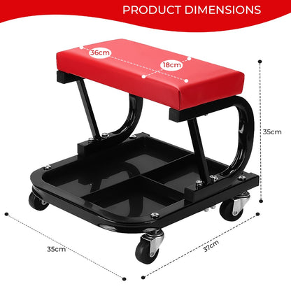 Rolling Mechanic Stool 150kg Capacity Padded Garage Workshop Seat with Tool Tray & Swivel Castors – Heavy Duty Steel Creeper Trolley Chair, Red, 35x35x37cm