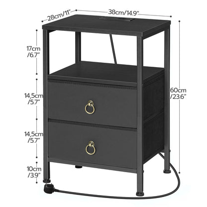 Bedside Table with Charging Station, Side Table with 2 USB Ports And Outlet, End Tables with 2 Fabric Drawers, Nightstand for Small Spaces, Rustic Brown And Black