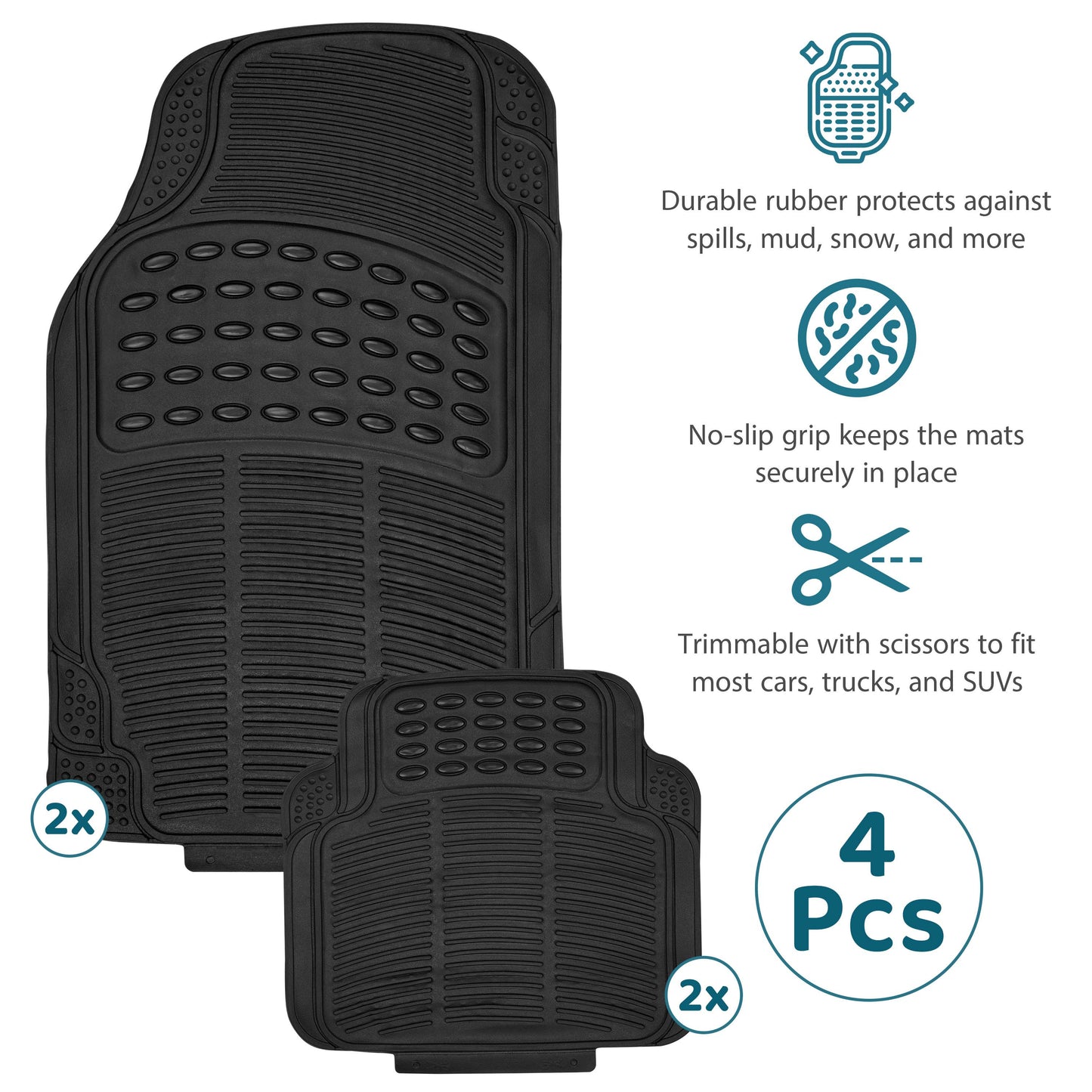 Heavy Duty Rubber Car Mats Universal Non Slip Floor Mats or Waterproof Boot Liner | Trim to Fit All Weather Protection for Cars, Vans, SUVs & Trucks