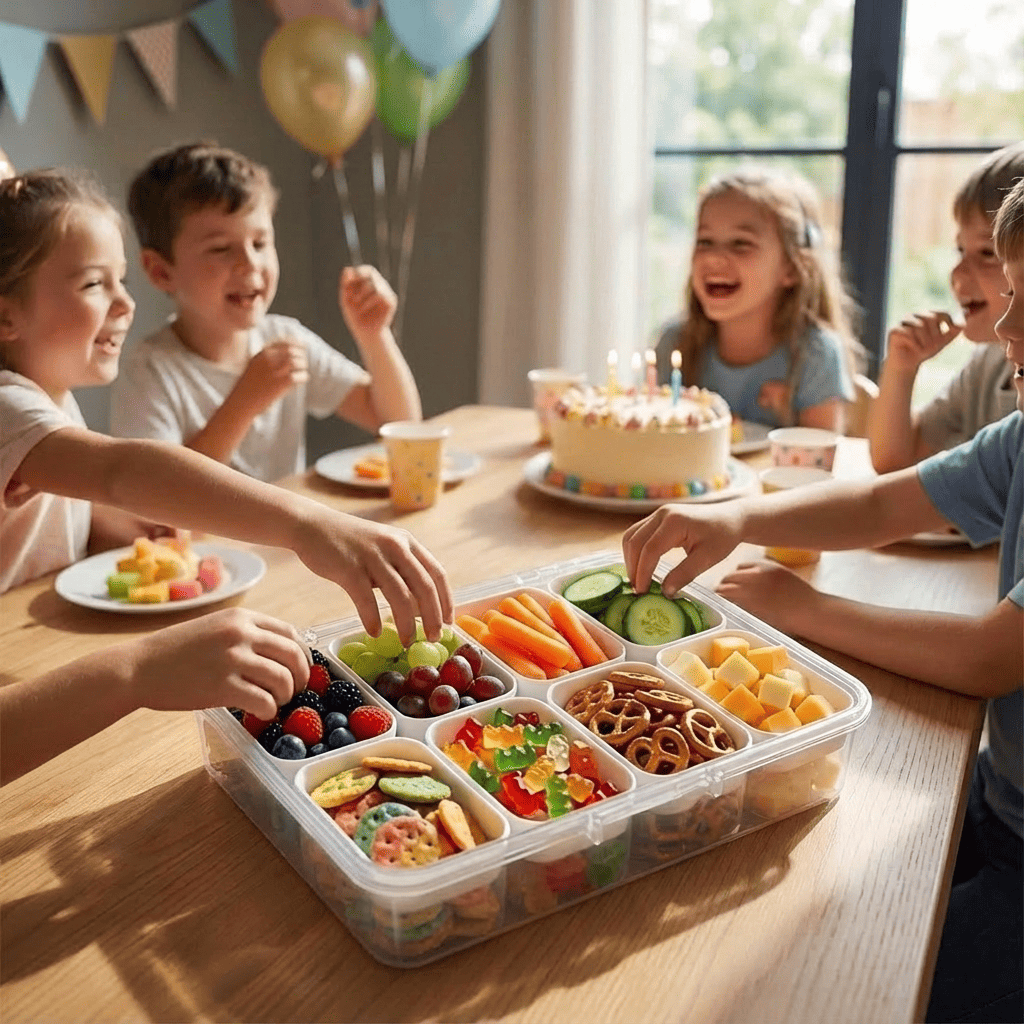 8-Compartment Food Containers with Handle & Lid – Snack Box with Compartments for Parties, Reusable Snack Containers, Divided Serving Tray with Lid