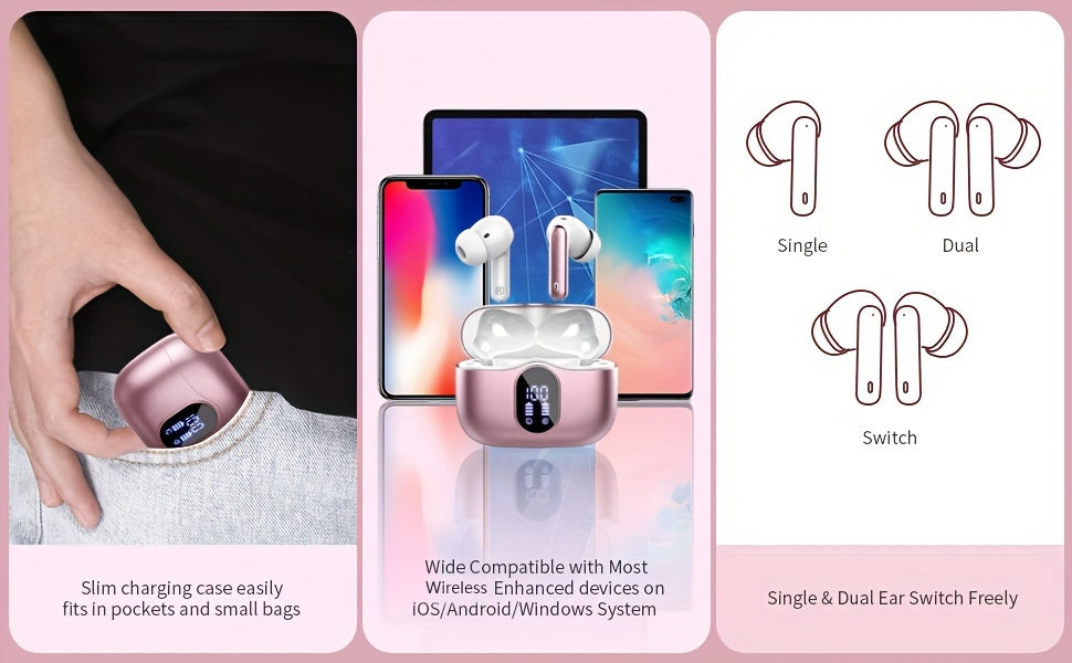 Wireless Earbuds, Wireless 5.3 Headset Bass Stereo, Earbuds with Noise Cancelling Microphone LED Display, In Ear Headphones, 36 Hours Of Playback Time, Suitable for Laptop Pad Mobile Phone Exercise