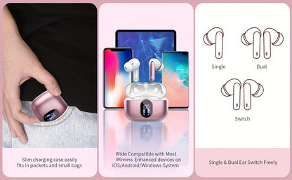 Wireless Earbuds, Wireless 5.3 Headset Bass Stereo, Earbuds with Noise Cancelling Microphone LED Display, In Ear Headphones, 36 Hours Of Playback Time, Suitable for Laptop Pad Mobile Phone Exercise