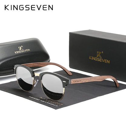 KINGSEVEN Black Walnut Wooden Handmade Semi-Rimless Retro Polarized Eyewear for Men Women