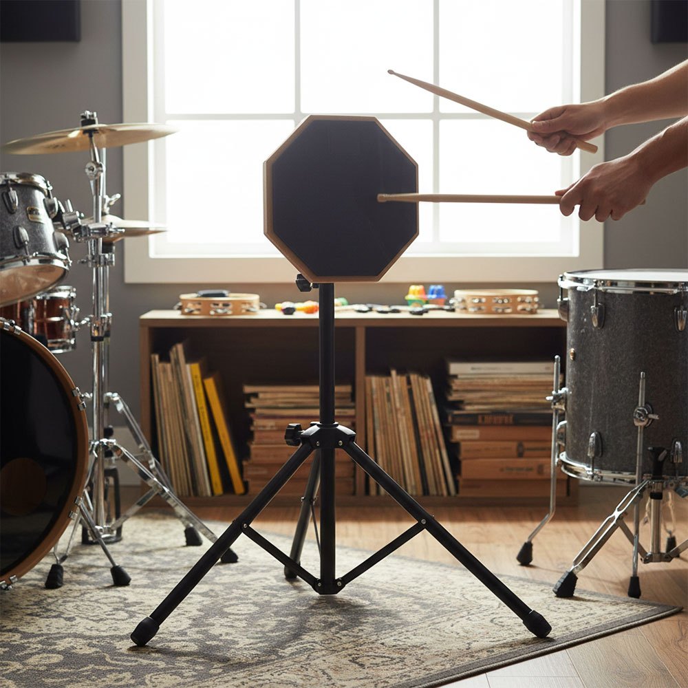 Silent Drum Practice Pad Set, Height Adjustable 19-27 Inches, Double-Sided Pads, Drumhead-Friendly Design, Includes Drum Stand and Storage Bag, Drummer Training Kit Black