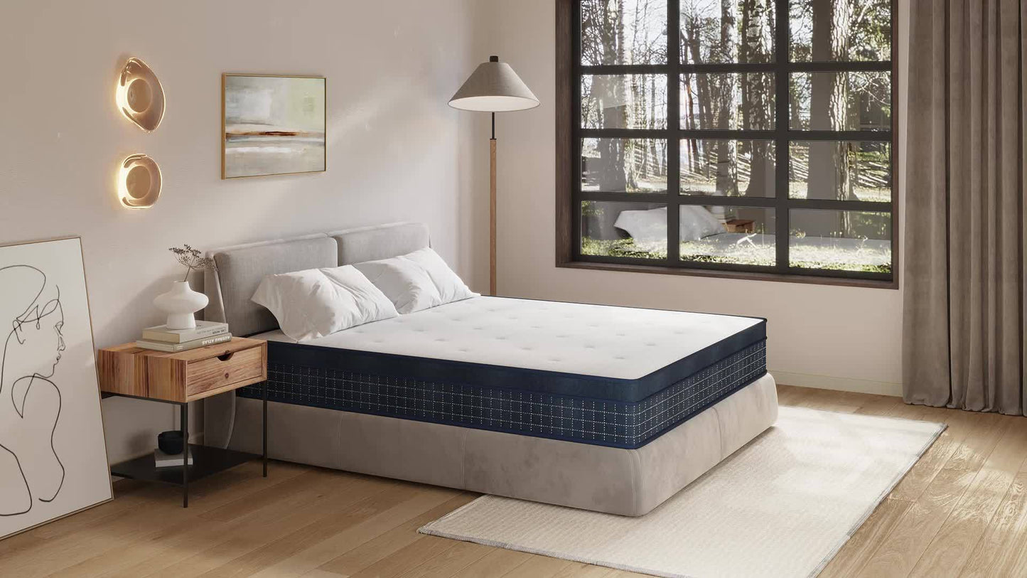 26cm/10.2in) Premium Hybrid Mattress: Individual Pocket Springs & 7-Zone Gel Foam, Medium Firm, Motion Isolation, Blue & White Design
