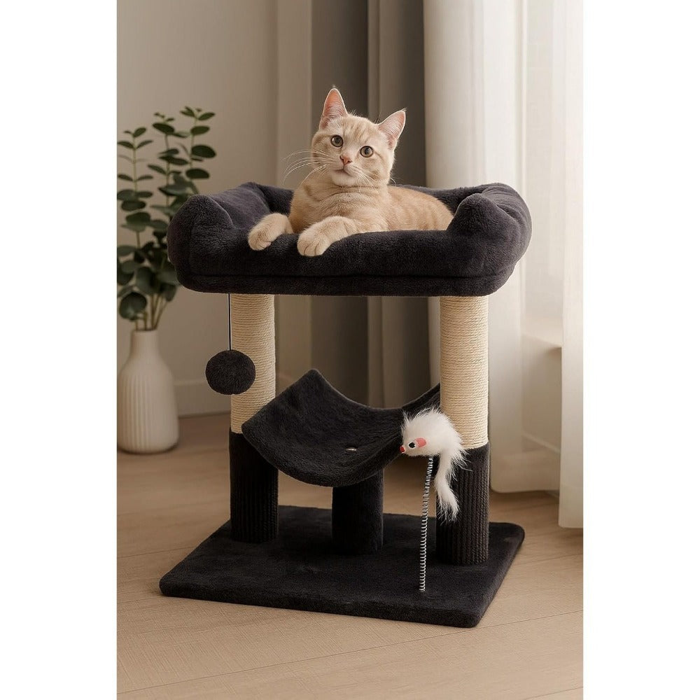 Grey Cat Tree Tower 50cm with 2 Sisal Scratching Posts, Cosy Condo, Dangling Ball & Spring Mouse – Compact Indoor Climbing Frame for Kittens & Small Cats