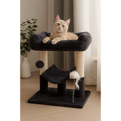 Grey Cat Tree Tower 50cm with 2 Sisal Scratching Posts, Cosy Condo, Dangling Ball & Spring Mouse – Compact Indoor Climbing Frame for Kittens & Small Cats