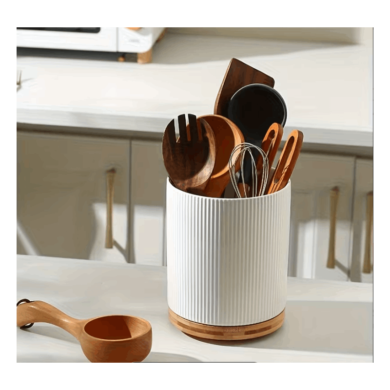 360° Rotating Ceramic Kitchen Organizer with Detachable Bamboo Base – Space-Saving Utensil Holder for Countertops, Perfect for Cooking Tools, Flower Vases, and Whisky Glasses, Kitchen Accessories