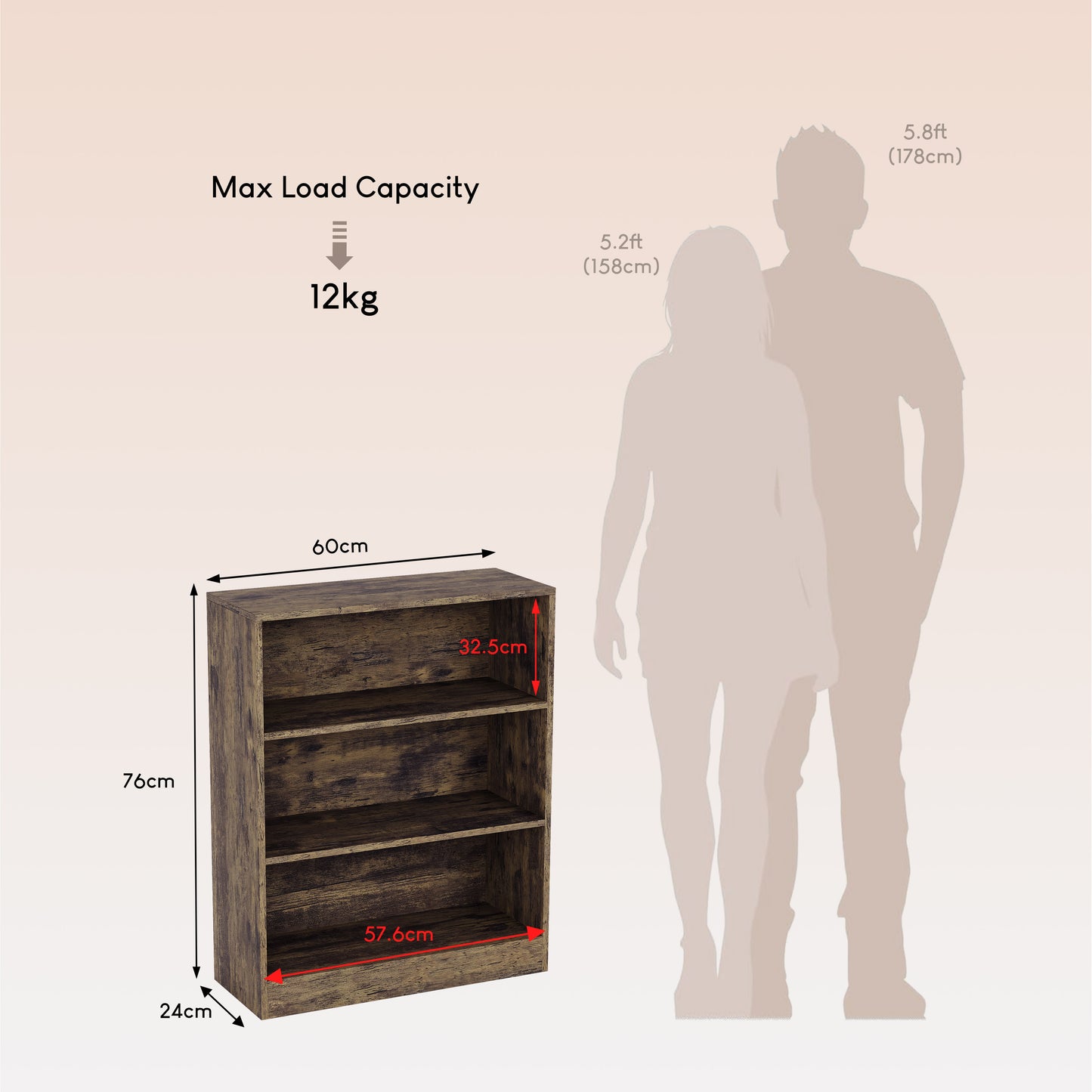 3-Tier Bokcase, Wooden 3 Tier Low Bookcase Wooden Shelving Display Storage Unit Home Office Living Room Bedroom Furniture