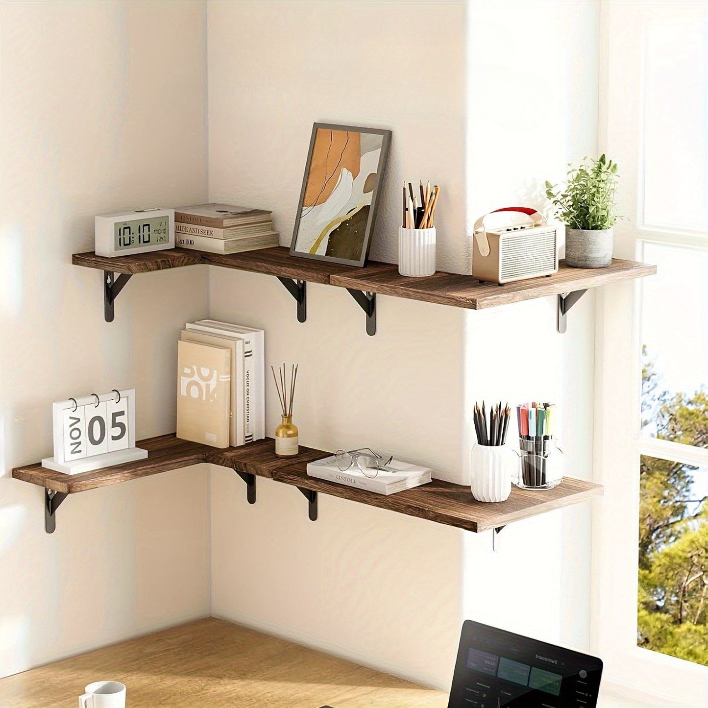 4 Tier Wooden Floating Shelves Wall Mounted Storage Rack L Shape Corner Shelf Versatile Home Kitchen Bathroom Bedroom for Books, Crafts, Festival Ornament, Toiletries Display Holder Decorative Stand
