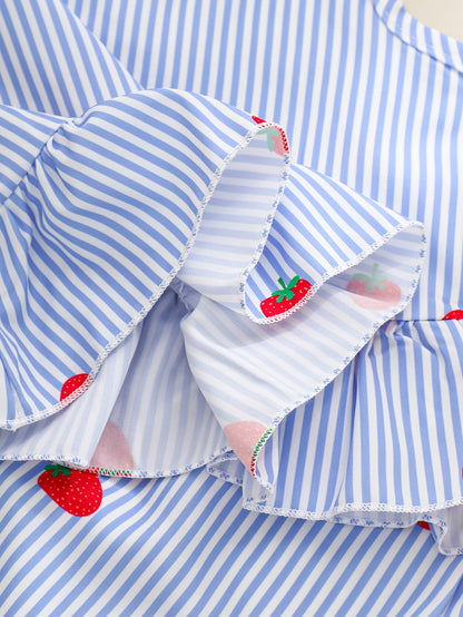 A Two-Piece Set. A Tank Top And Shorts Outfit Featuring Strawberry Prints, Striped Patterns, Bow Decorations, And a Ruffled Hem Design. This Is a Casual Summer Outfit for Girls. It Makes a Great Gift for Girls' Clothing. Suitable for Outdoor Wear