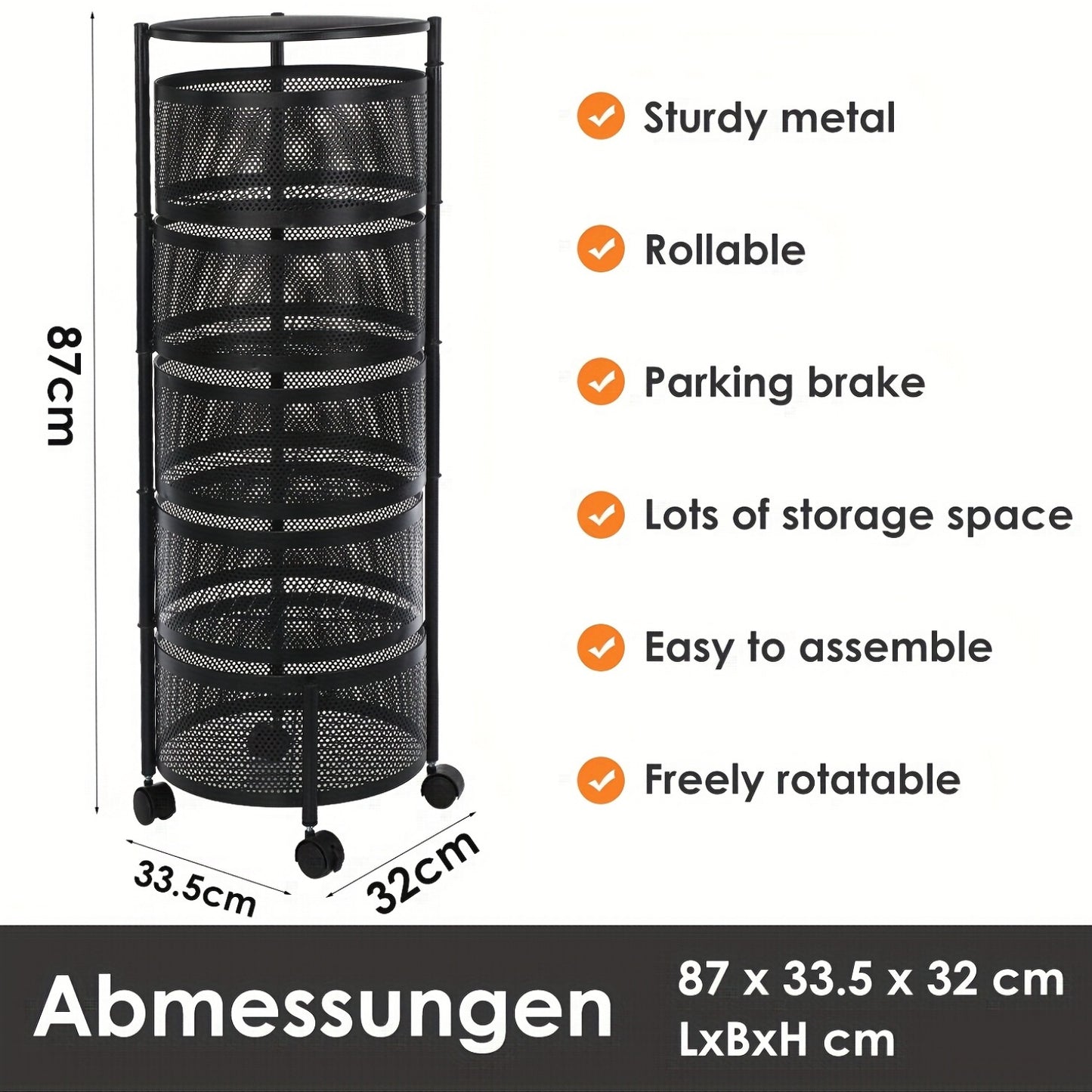5-Tier Round Vegetable Storage Rack Black Metal Wire Basket with Wheels, Space-Saving Organizer, Shelf Baskets