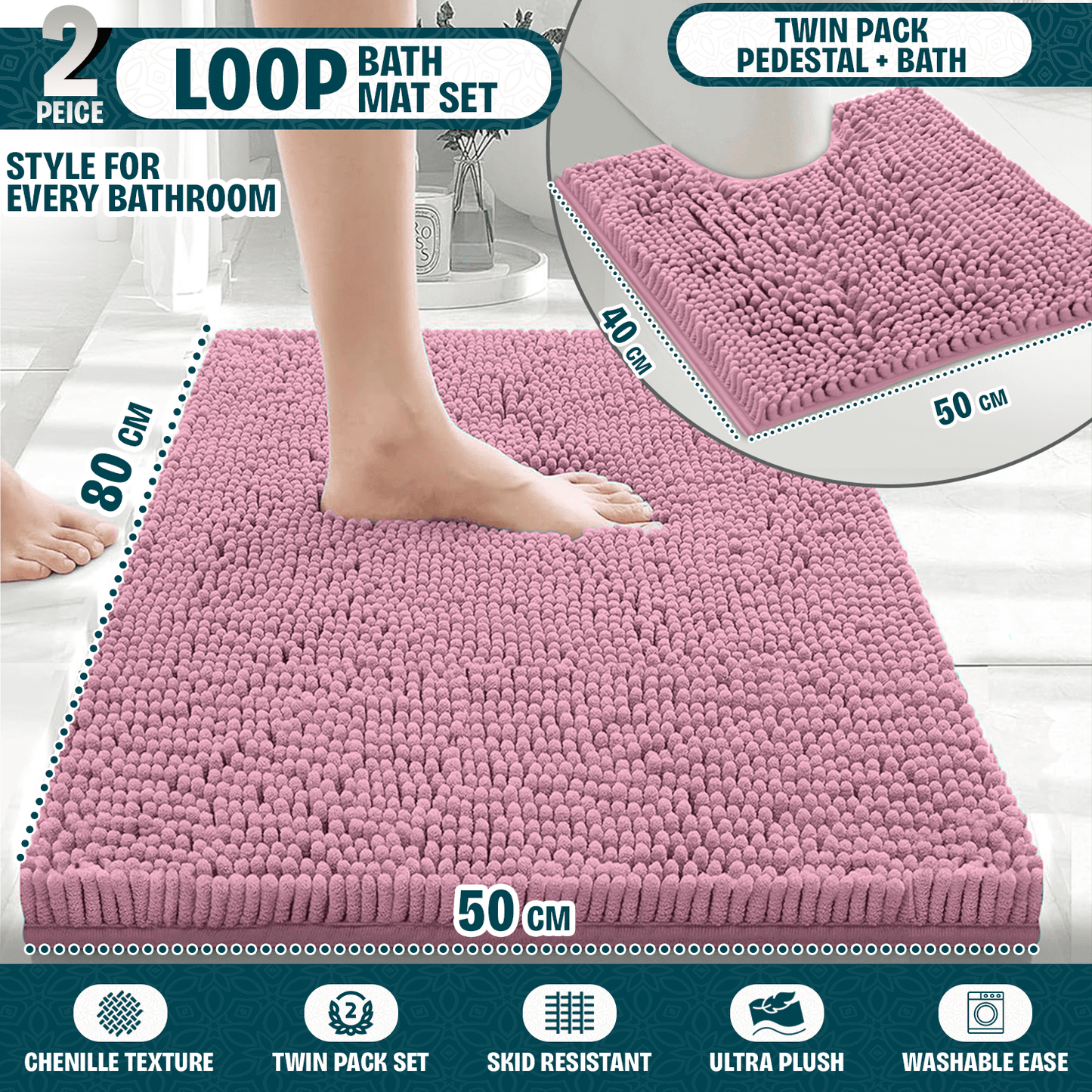 2-Piece Loop Bathroom Mat Set | Soft Chenille Microfiber Rugs with Non-Slip Backing | Machine Washable | Includes 50x80cm Bath Mat & 50x40cm Pedestal Mat | Stylish, Comfy & Durable | UK STOCK | LOCAL WAREHOUSE