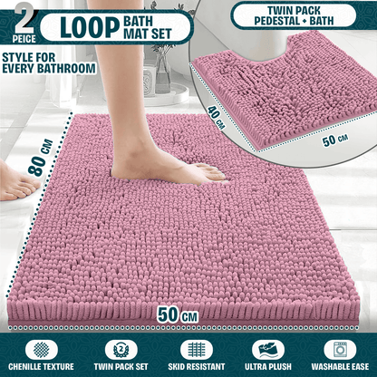 2-Piece Loop Bathroom Mat Set | Soft Chenille Microfiber Rugs with Non-Slip Backing | Machine Washable | Includes 50x80cm Bath Mat & 50x40cm Pedestal Mat | Stylish, Comfy & Durable | UK STOCK | LOCAL WAREHOUSE
