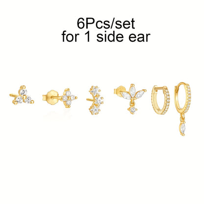 6pcs 18K Gold Plated Cubic Synthetic Zirconia Earrings for women - Cubic Synthetic Zirconia Flower Earrings with Hoop & Dangle, Wedding & Party Jewelry, 6pcs Year-Round Wear, Cute Minimalist CZ Accessories (Studs & Hoops) 6pcs-Set