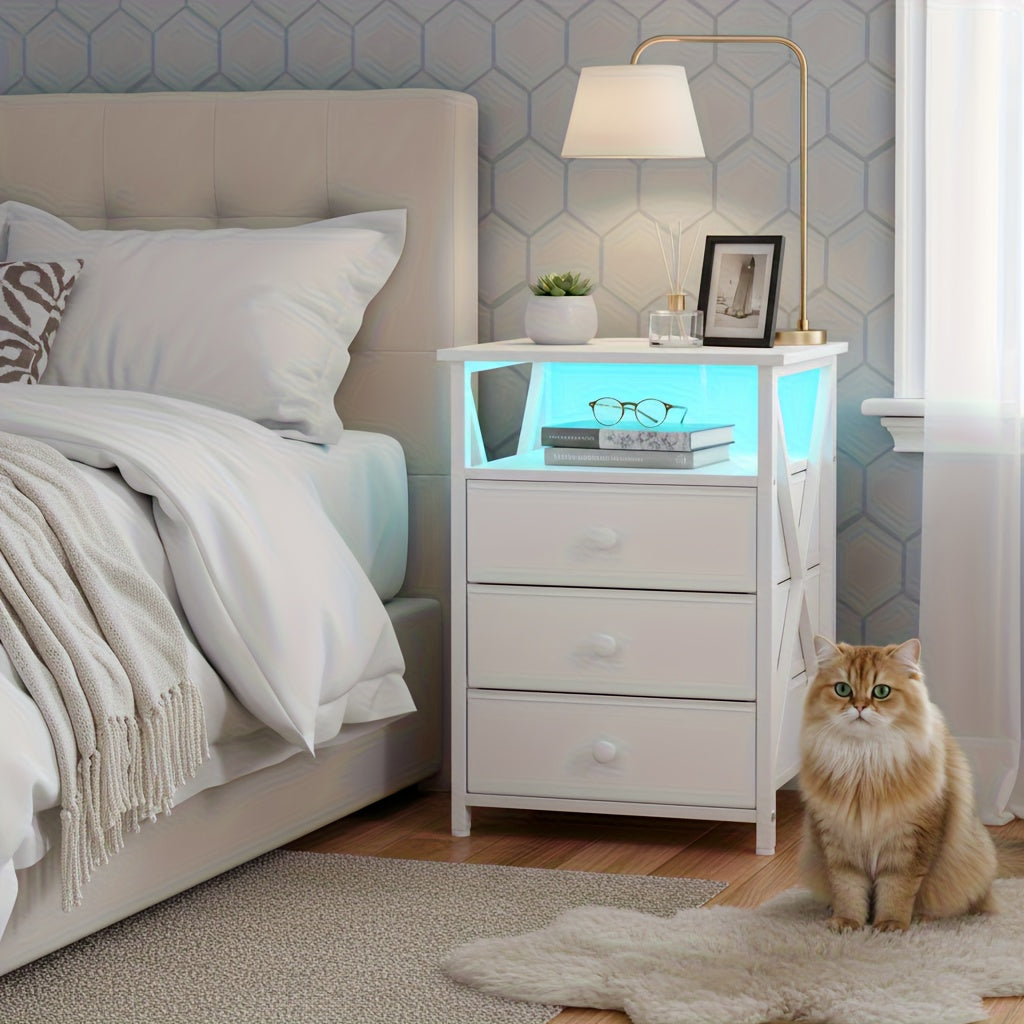 AMHANCIBLE 1/2pcs Nightstand, Side Table With LED Light And Charging Station, Nightstand With USB Port And Socket, Nightstand With 3 Fabric Drawers For Bedroom, Living Room, Sofa Side Table, Nightstand