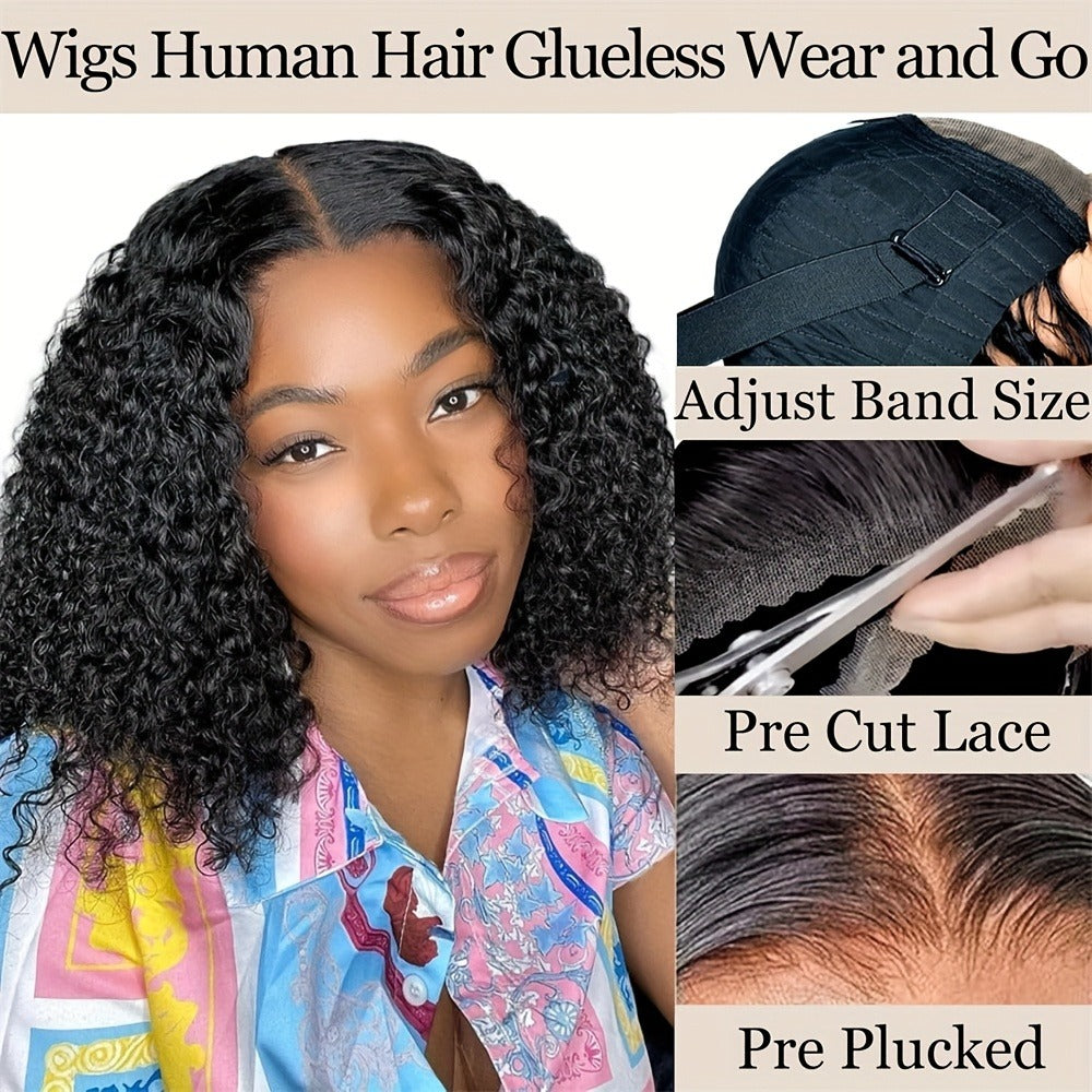 Kinky Curly Bob Wig Human Hair 4x4 Lace Closure Glueless Wear & Go Pre Plucked Pre Cut Deep Curly Short Wig 180% Density 12 Inch for Women
