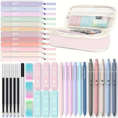 Four Candies 39pcs Cute School Supplies with Pen Case, 5 Black Ink Gel Pens, 12 Pastel Highlighters, 6 Aesthetic Mechanical Pencils Set