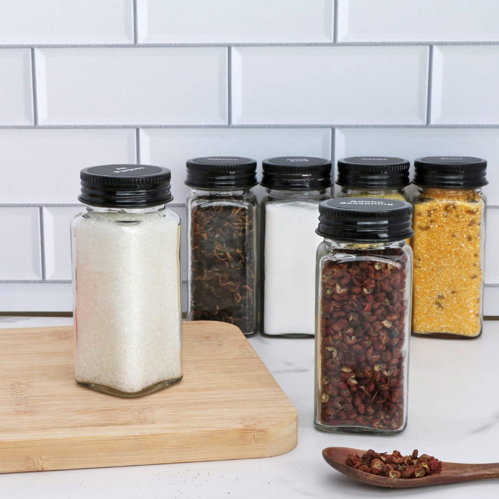 24pcs Glass Spice Jars with Lids, 120ml Spice Storage Jars Seasoning Container Reusable Salt Pepper Shaker with Airtight Lid Labels, Pen, Funnel for Spice, Black, Kitchen and Seasoning