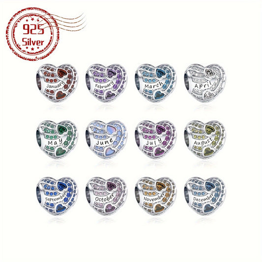 1pc 925 Sterling Silver Charms for Bracelets and Necklaces Heart-shaped 12-month Birthstone Dangle Pendants Beads Charms Jewelry Charm for Women, original design charms for jewelry making, Halloween,, Christmas and Valentine's Day gifts