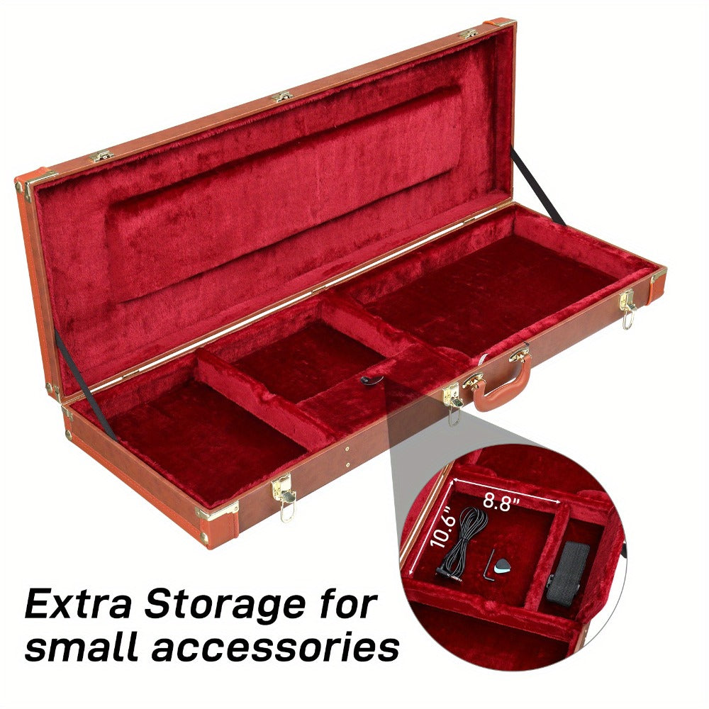 Electric Guitar Hard Case Lockable Wood PU Leather Coffee Brown Fits ST TL SG Shockproof Plush Lined Accessory Compartment Travel Gig Box