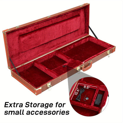 Electric Guitar Hard Case Lockable Wood PU Leather Coffee Brown Fits ST TL SG Shockproof Plush Lined Accessory Compartment Travel Gig Box