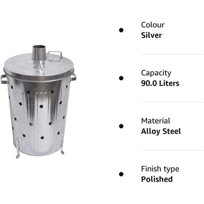 90 Litre Extra Large 90L Galvanised Metal Incinerator Recycle Garden Rubbish Fire Wood Burner Burning Leaves